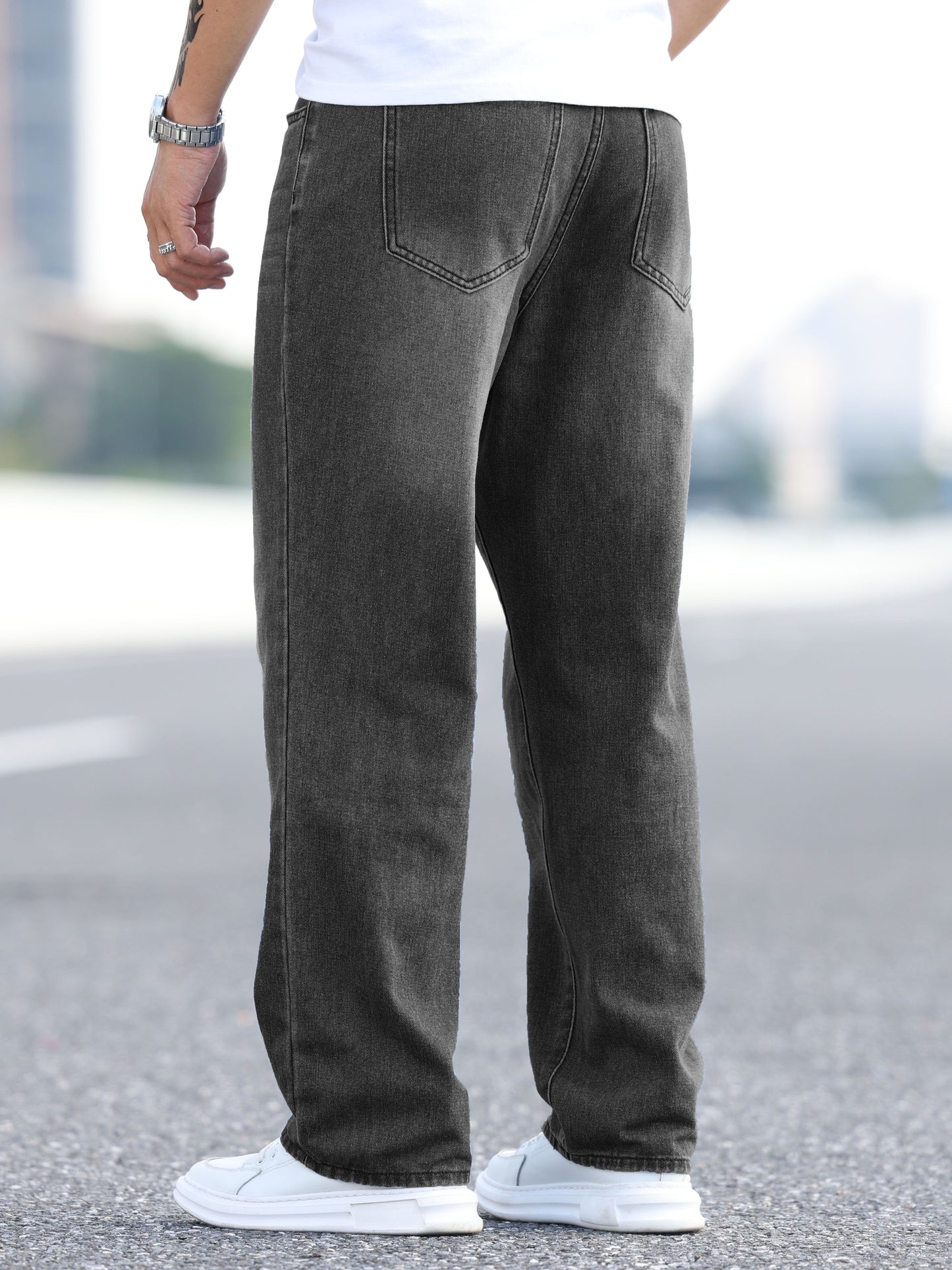 Wide Leg Cotton Blend  Jeans, Men's Casual Street Style Loose Fit Denim Dark Grey Pants For Spring Summer