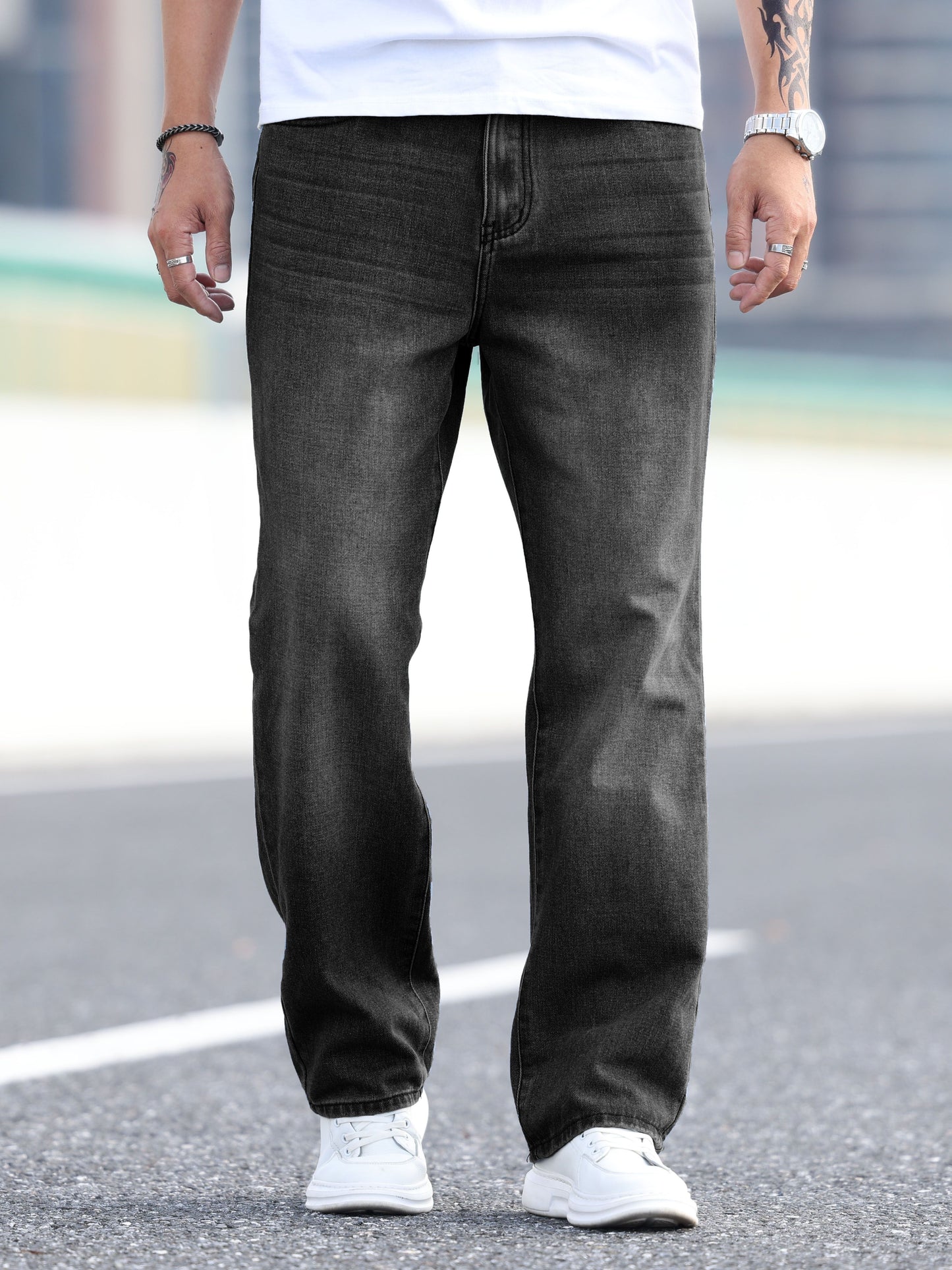 Wide Leg Cotton Blend  Jeans, Men's Casual Street Style Loose Fit Denim Dark Grey Pants For Spring Summer